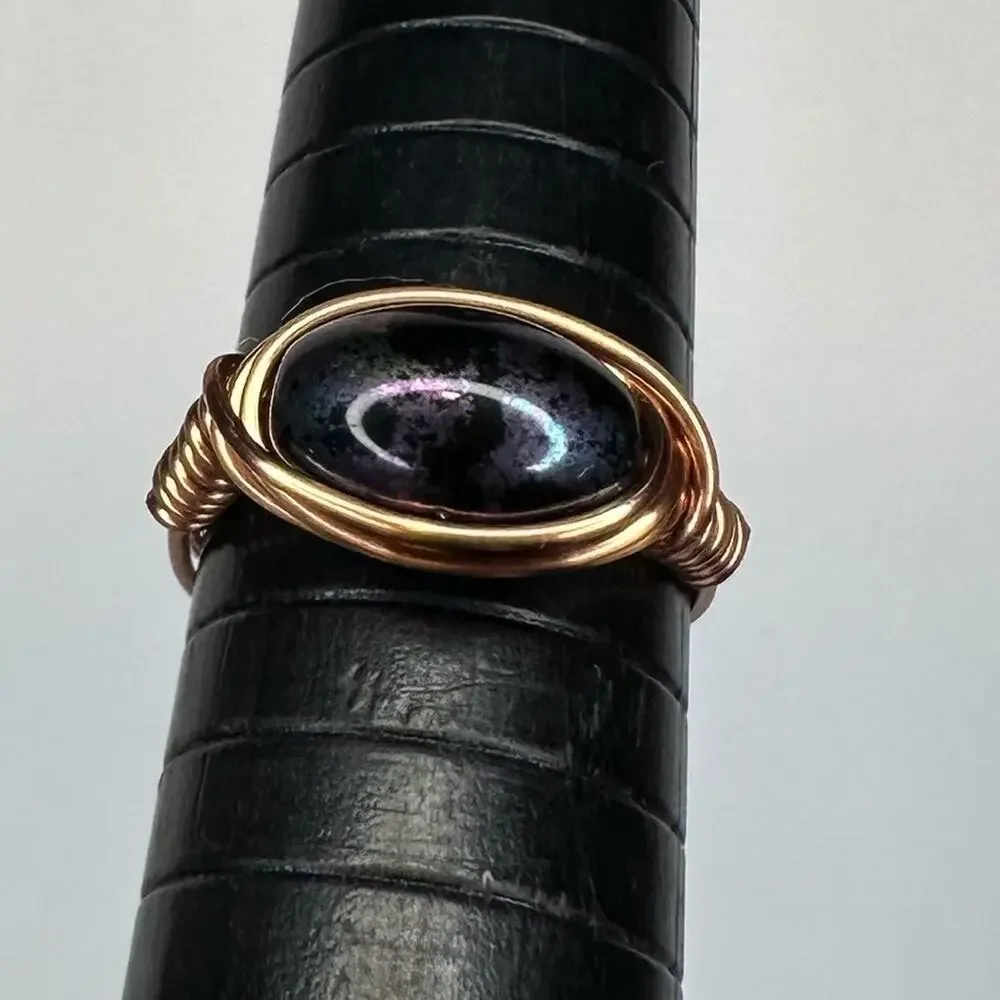 Copper ring Dark glass bead Handmade wire wrap size 7